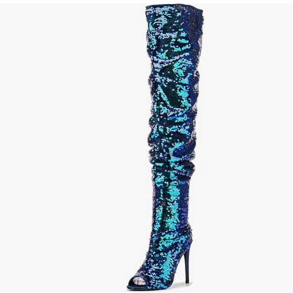 Women's Peep Toe, Thigh High Slouch, Zipper, Sequin Over The Knee Boots US9 EU40 - Picture 9 of 12